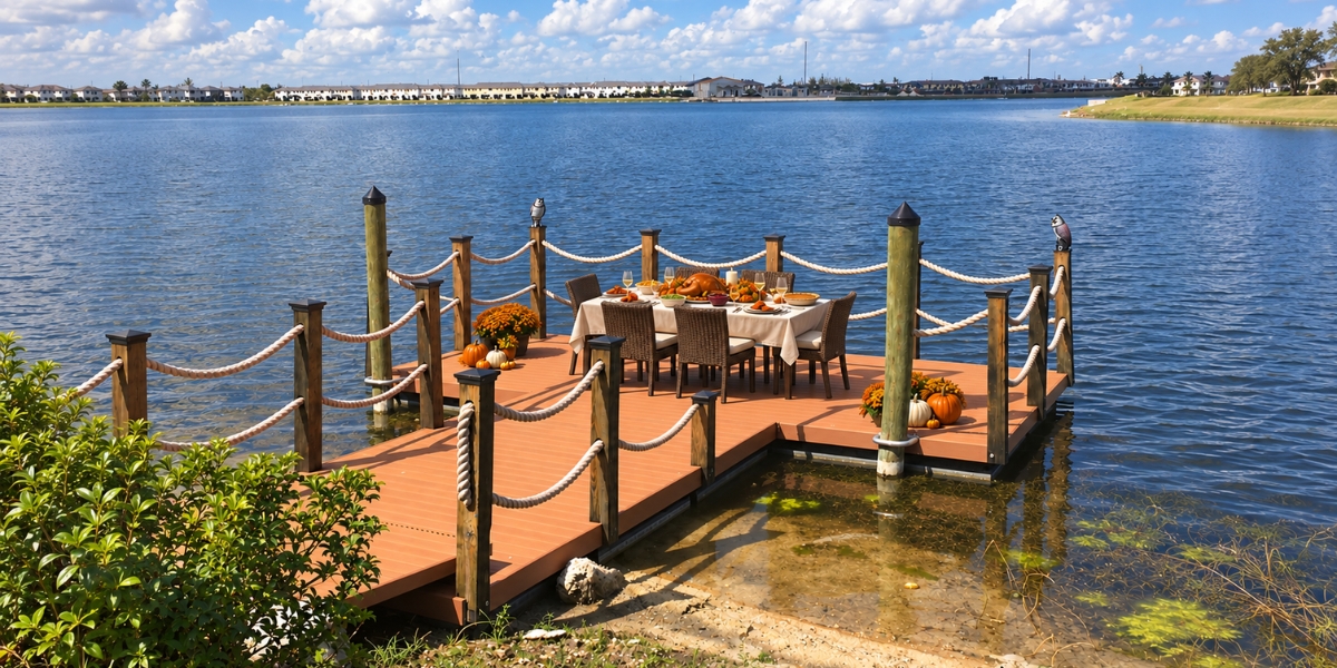 How to Turn Your Floating Dock Into an Outdoor Thanksgiving Dining Space